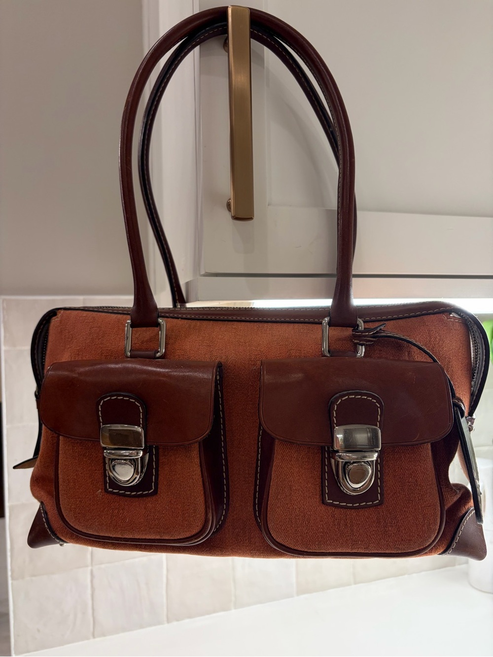 Vintage Dooney & Bourke Double Pocket Rust/ Brown Leather-Trim Shoulder Bag